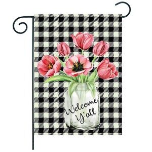 Welcome Y'all Pink Tulips Buffalo Plaid Double Sided Garden Flag 24x37 Farmhouse